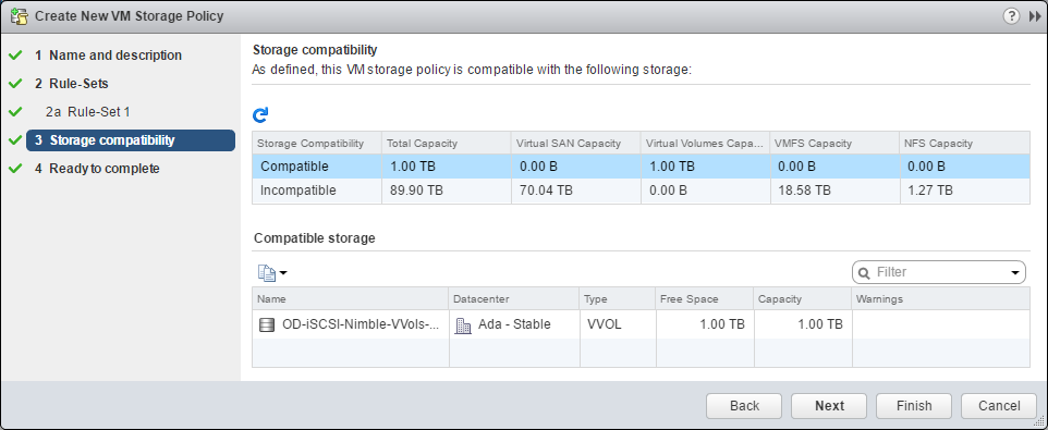 vSphere Web Client VM Storage Policy storage compatibility
